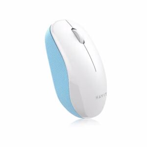 Havit MS66GT‑WB vezeték nélküli egér fehér és kék oldalról