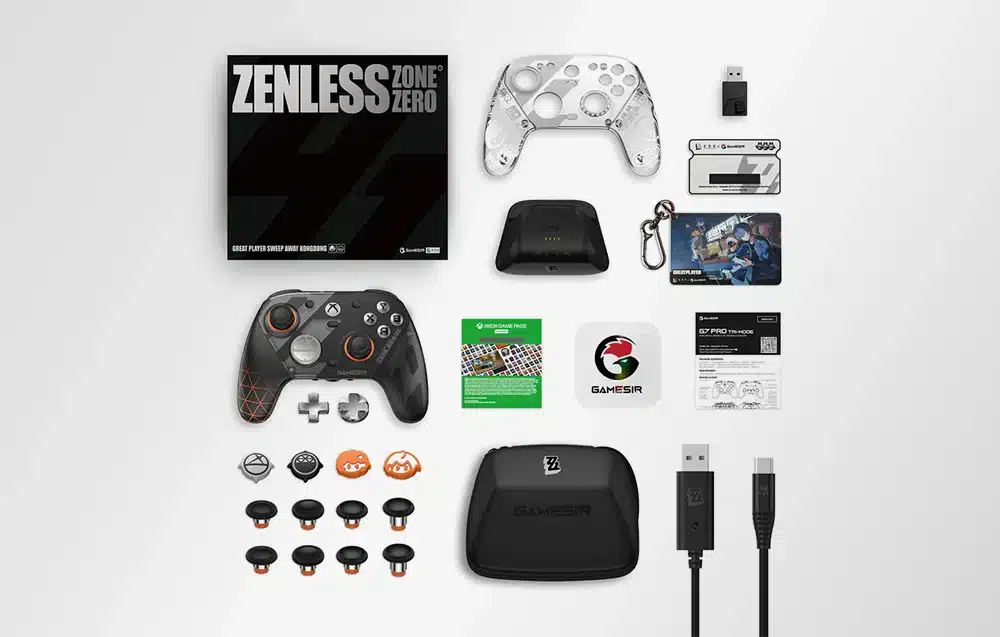 GameSir G7 Pro Zenless Zone Zero Edition vezérlő tartozékai egymás mellett.