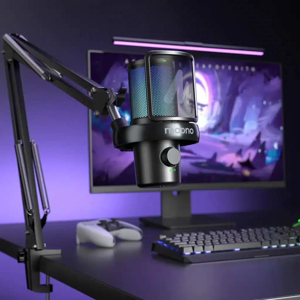 Maono DM40 S Pro fekete mikrofon monitor előtt oldalnézetben
